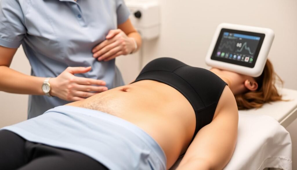 Generate an image of a person undergoing radiofrequency treatment for stomach fat reduction