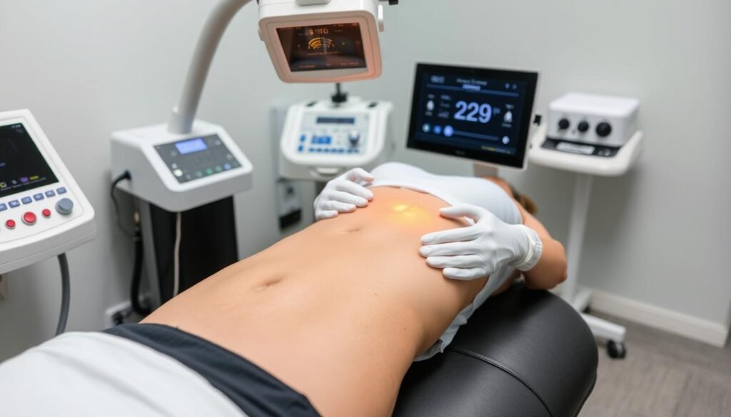 Generate an image of a person undergoing radiofrequency treatment for tummy skin tightening