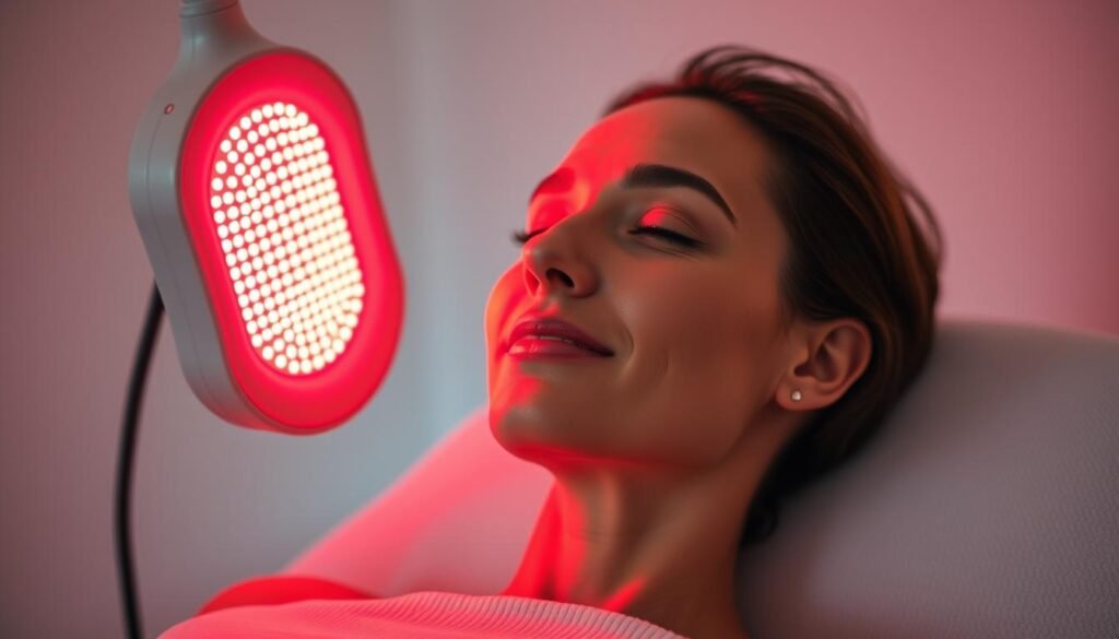 Generate an image of a person undergoing red light therapy Generate an image of a person undergoing red light therapy