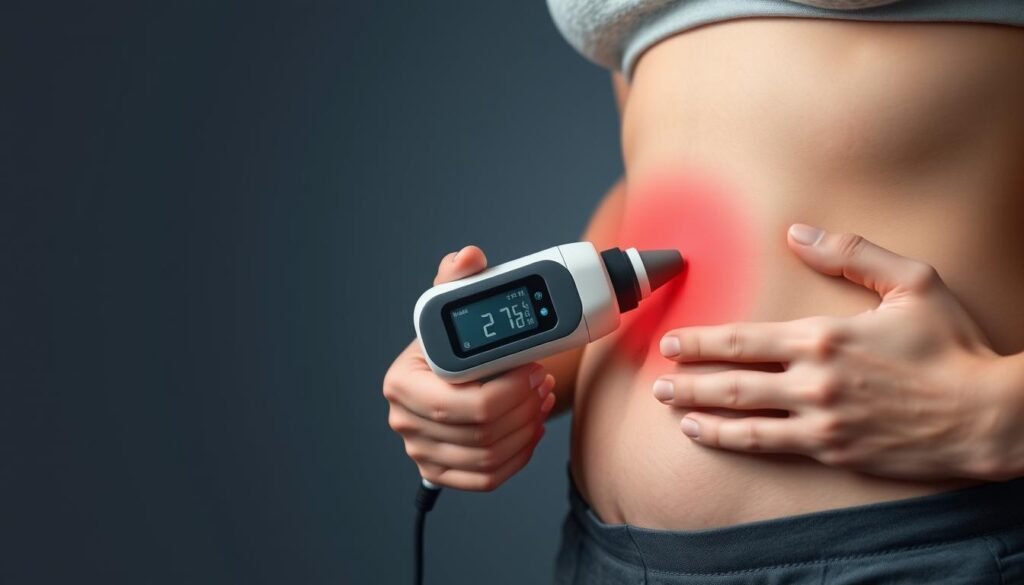 Generate an image of a person using a handheld radiofrequency device on their stomach.