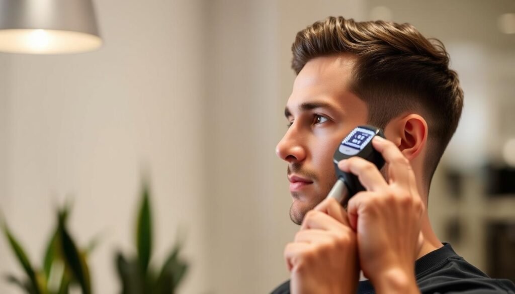 Generate an image of a person using a laser comb for hair loss treatment