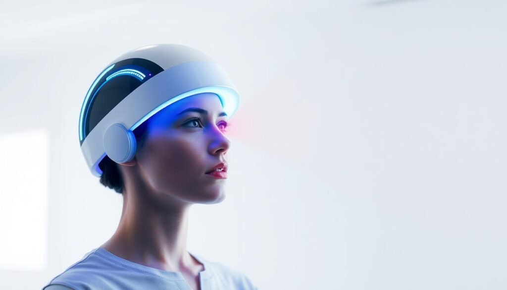 Generate an image of a person wearing a laser cap for hair regrowth