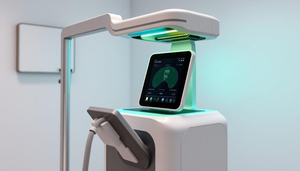 Generate an image of a professional in-clinic laser system for hair loss treatment