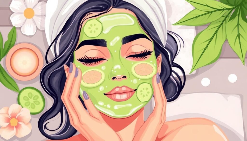 Generate an image of a refreshing cucumber face mask application