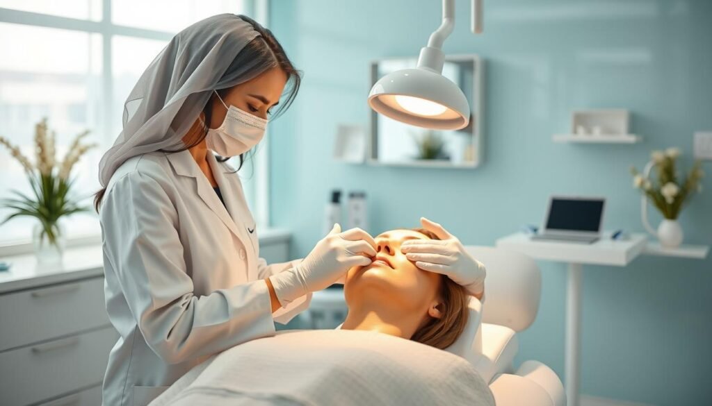 Generate an image of a serene dermatology clinic in Dubai with a specialist administering a cosmetic treatment. Generate an image of a serene dermatology clinic in Dubai with a specialist administering a cosmetic treatment.