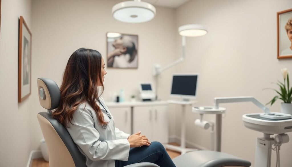 Generate an image of a serene hair restoration clinic with a board-certified dermatologist consulting a patient. Generate an image of a serene hair restoration clinic with a board-certified dermatologist consulting a patient.