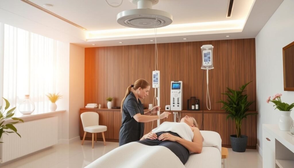Generate an image of a serene wellness center with IV therapy equipment and a professional healthcare provider administering treatment. Generate an image of a serene wellness center with IV therapy equipment and a professional healthcare provider administering treatment.