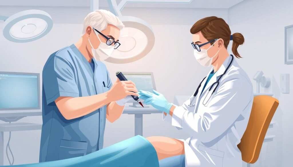 Generate an image of a vein specialist performing a minimally invasive varicose vein treatment procedure.
