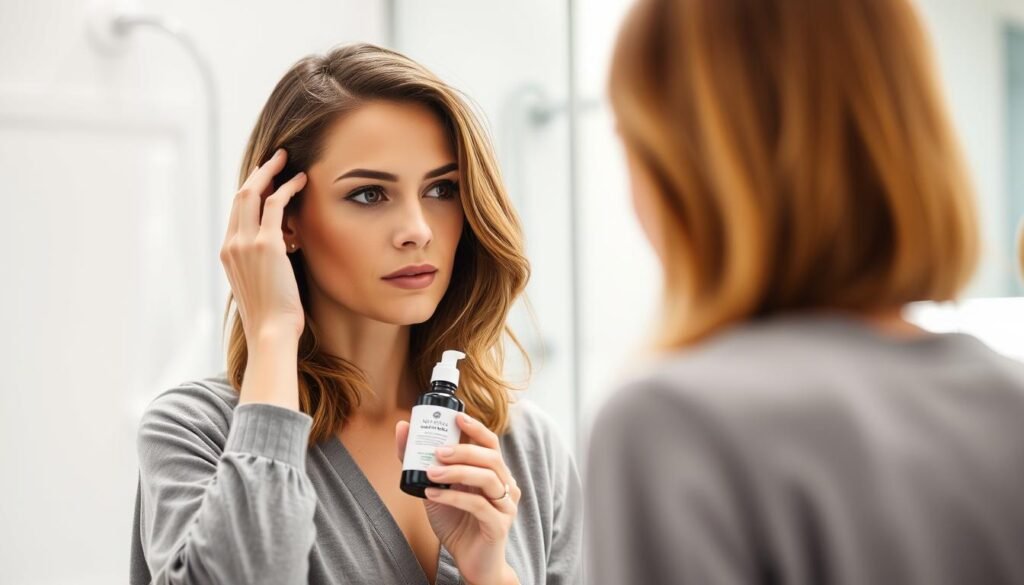 Generate an image of a woman applying Advanced Trichology NutraM DHT Blocking Hair Serum