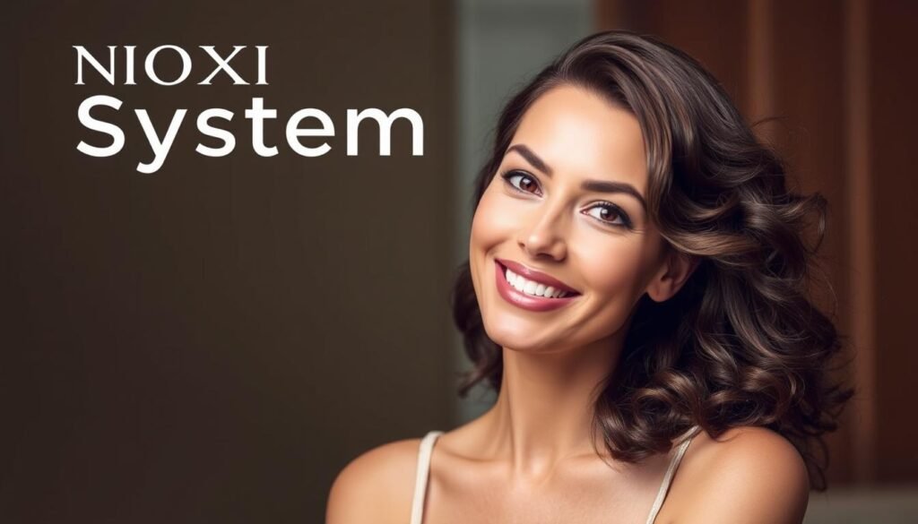 Generate an image of a woman using Nioxin System Kits for hair loss treatment.