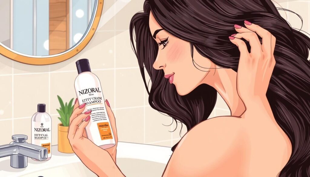 Generate an image of a woman using Nizoral shampoo
