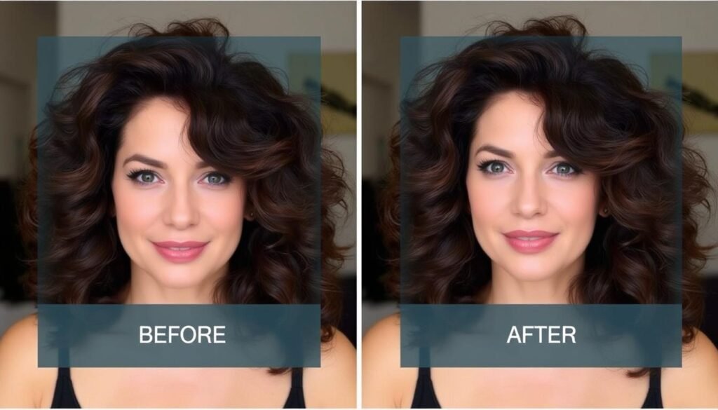 Generate an image of a woman with thicker hair after using BosleyMD Revive Volumizing System.