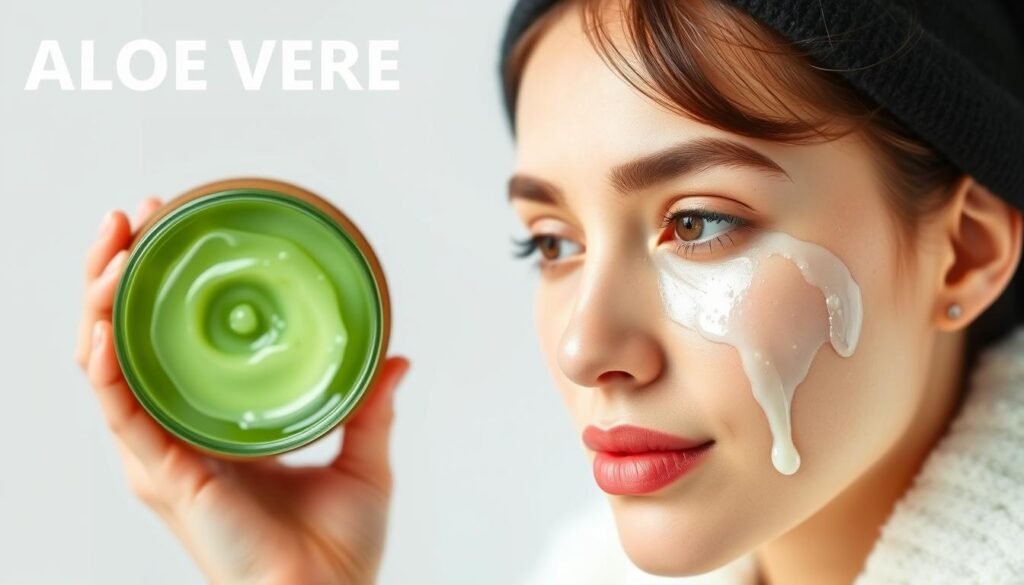 Generate an image of aloe vera gel being applied to the face for skin tightening.
