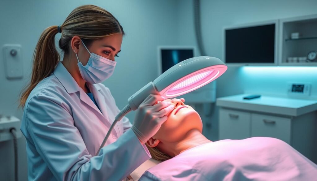 Generate an image of an IPL device being used on a patient. Generate an image of an IPL device being used on a patient.