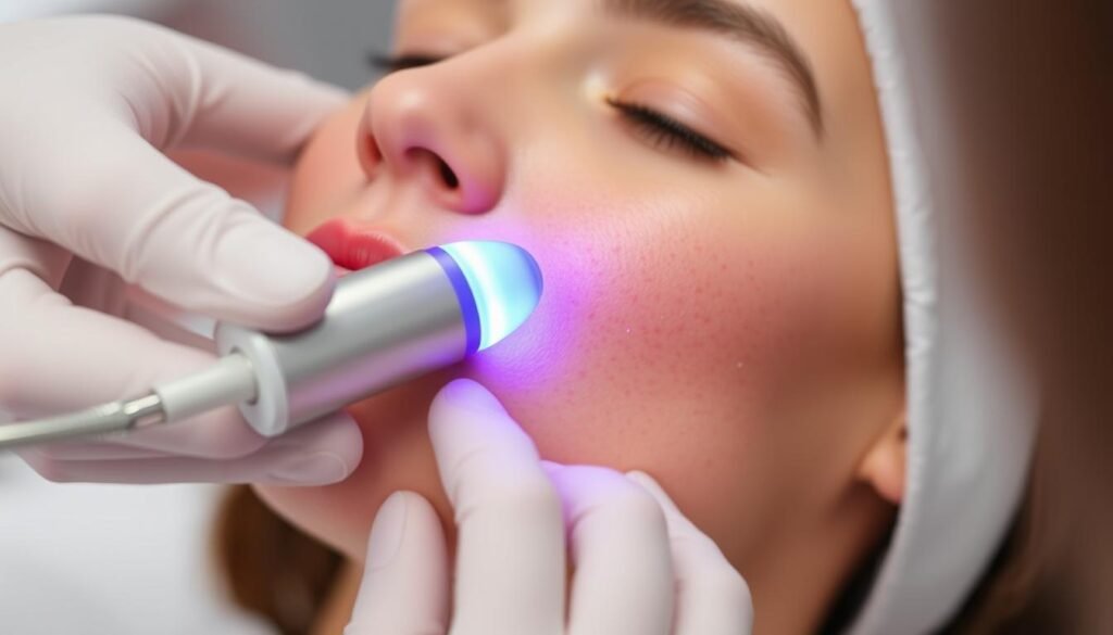 Generate an image of an RF microneedling device in use for acne scar treatment.