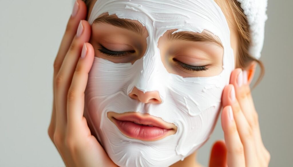 Generate an image of an egg white face mask being applied to a person's face.
