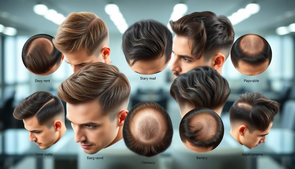 Generate an image of different hair patch systems for men Generate an image of different hair patch systems for men