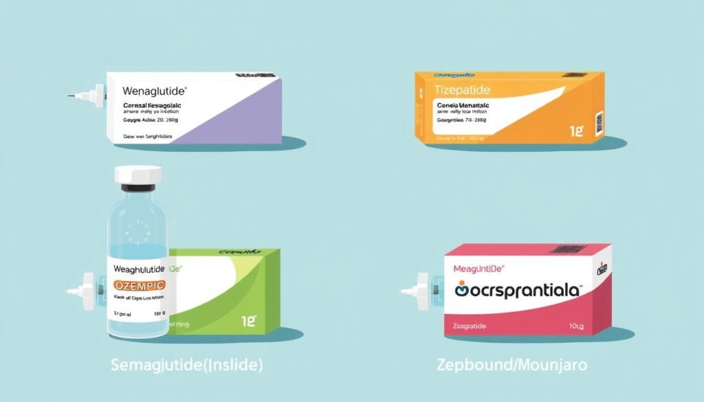 Generate an image of different types of weight loss injections, including semaglutide (Wegovy/Ozempic) and tirzepatide (Zepbound/Mounjaro).