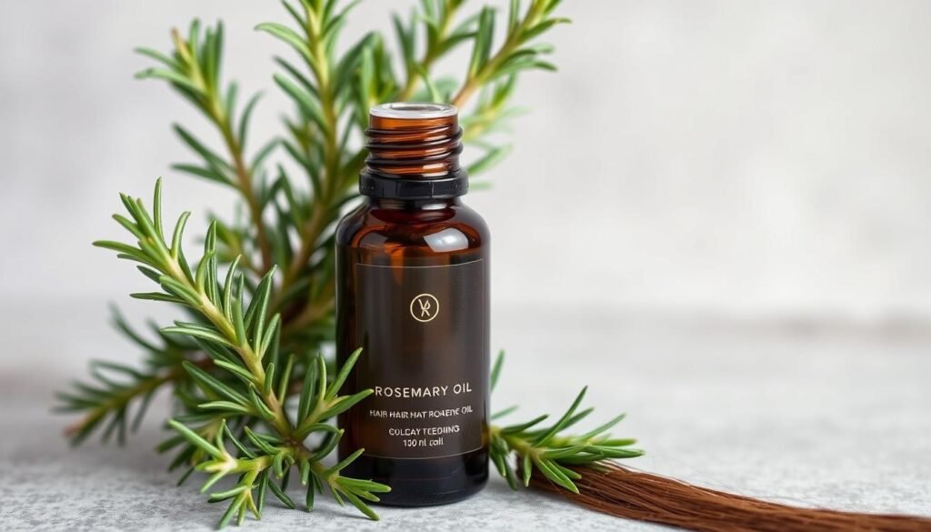 Generate an image of rosemary essential oil being used for hair growth.