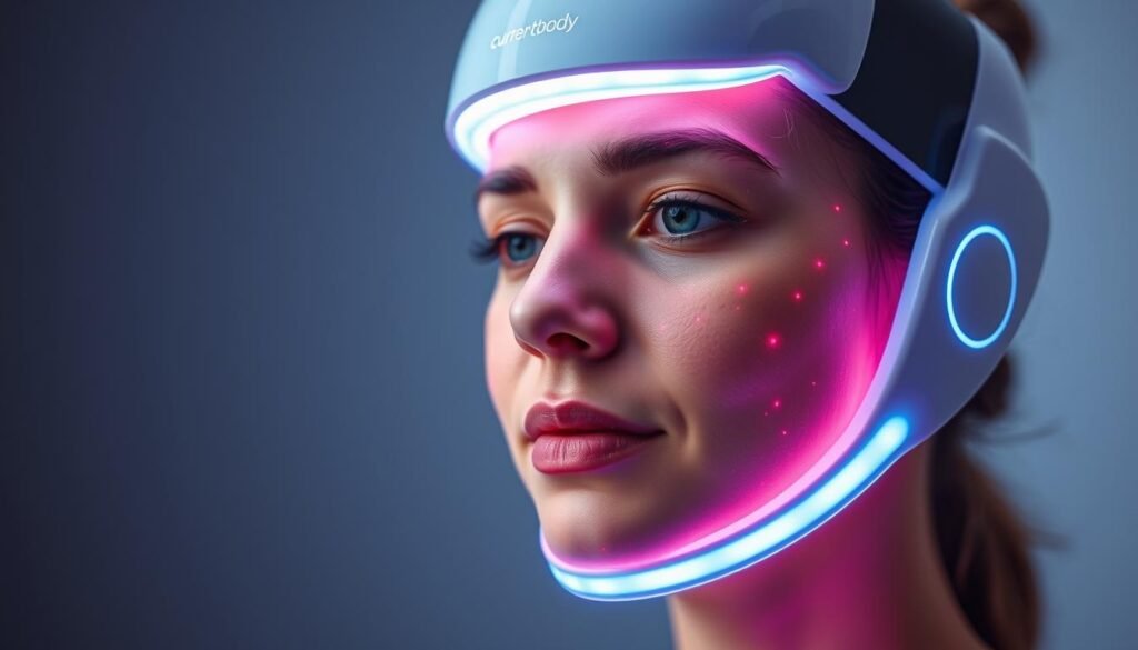 Generate an image of the Currentbody LED Light Therapy Face Mask being used on a person with acne scars. Generate an image of the Currentbody LED Light Therapy Face Mask being used on a person with acne scars.