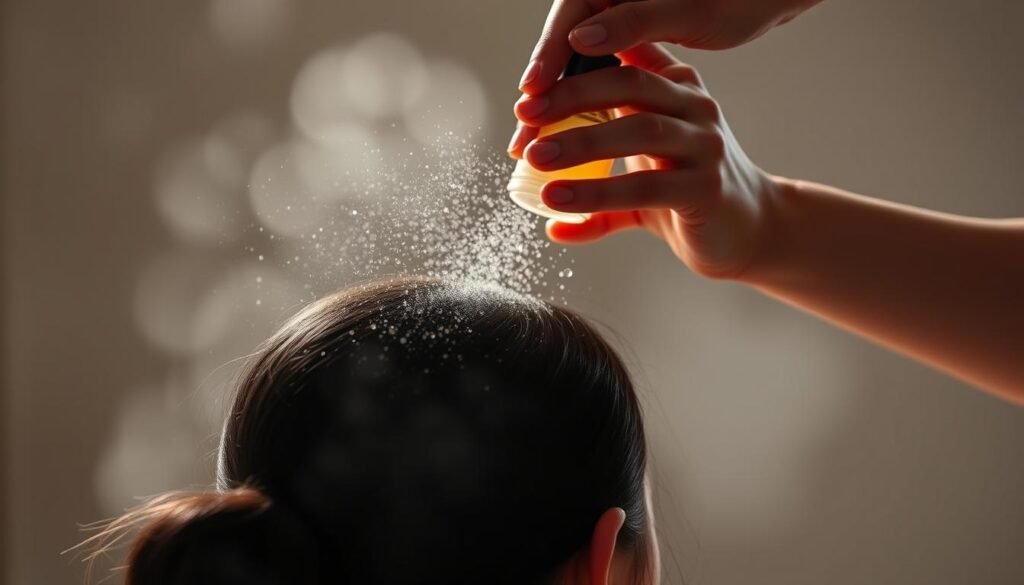 Generate an image of the Kintsugi Awakening Mist being sprayed onto a person's scalp.