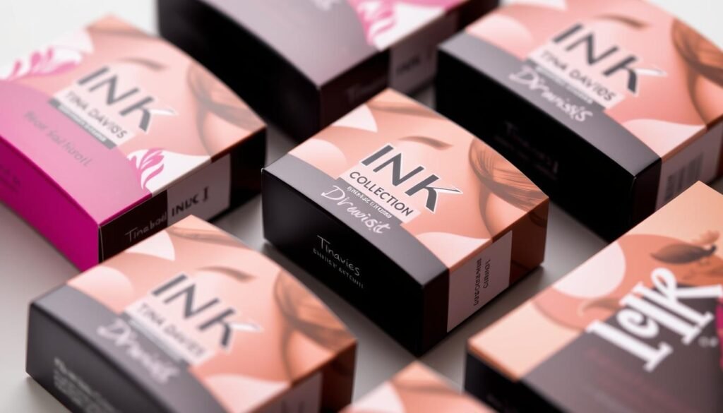 Generate an image of the Tina Davies I ❤️ INK Brow Collection packaging. Generate an image of the Tina Davies I ❤️ INK Brow Collection packaging.