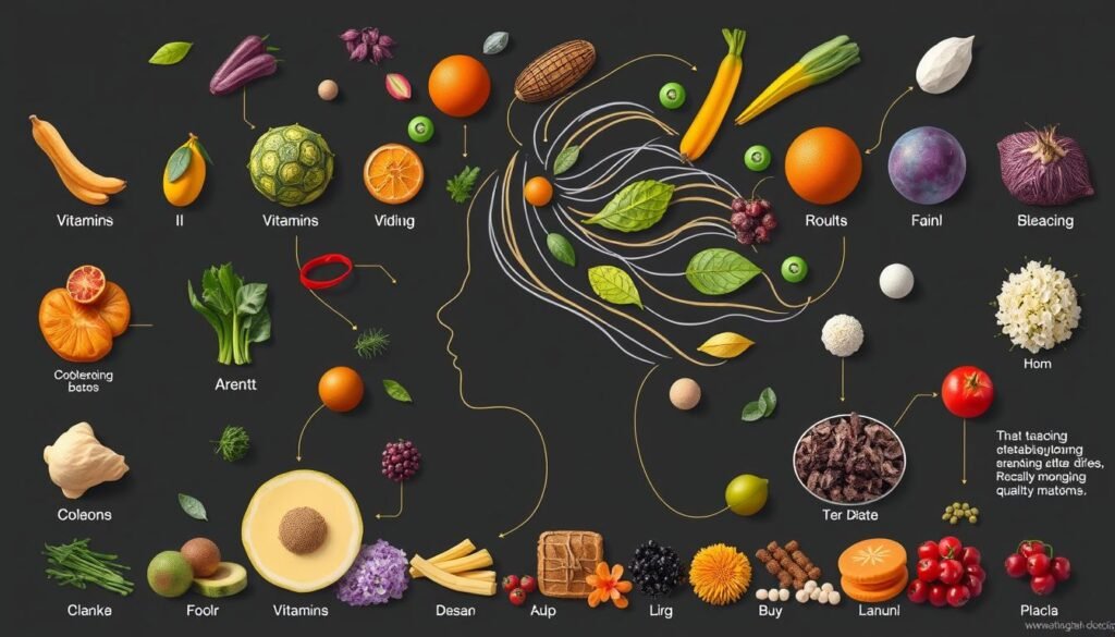 Generate an image of vitamins and minerals beneficial for hair health.
