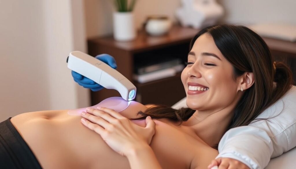 Generate an image showing EMSculpt Neo being used on a client, focusing on the device's application and the client's expression of satisfaction. Generate an image showing EMSculpt Neo being used on a client, focusing on the device's application and the client's expression of satisfaction.