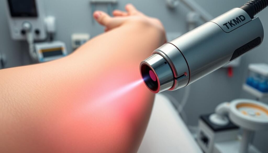 Highly detailed, photorealistic image of laser hair removal technologies. In the foreground, a close-up view of a TKMD laser handpiece with a sleek, modern design. The metal casing reflects the clinical lighting, creating a sense of precision and professionalism. In the middle ground, a person's arm or leg is exposed, with the laser beam visibly targeting the hair follicles. The skin appears smooth and unblemished, highlighting the effectiveness of the treatment. In the background, a clinical setting with medical equipment and supplies, conveying a sense of a high-tech, specialized facility dedicated to providing the best laser hair removal experience.