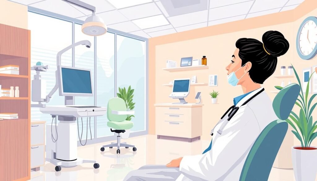 Image of a dermatologist consulting with a patient in a modern clinic setting. Image of a dermatologist consulting with a patient in a modern clinic setting.