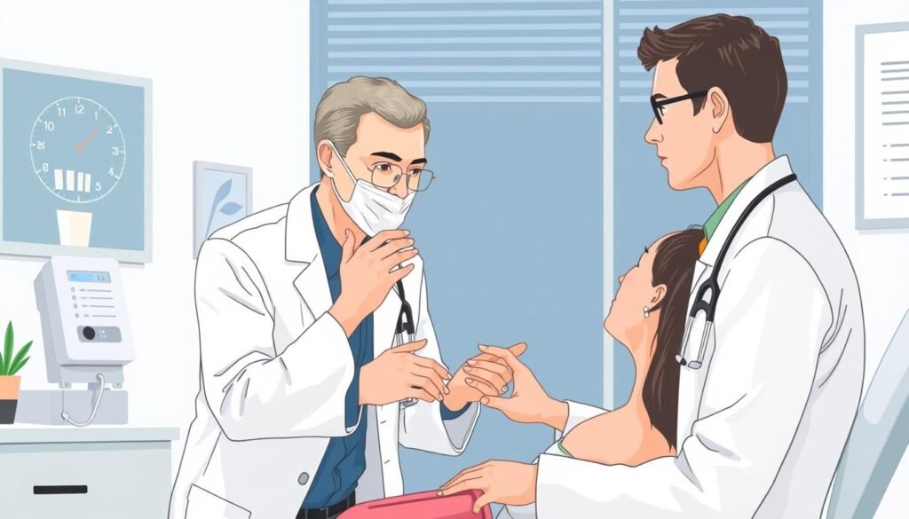 Image of a dermatologist examining a patient