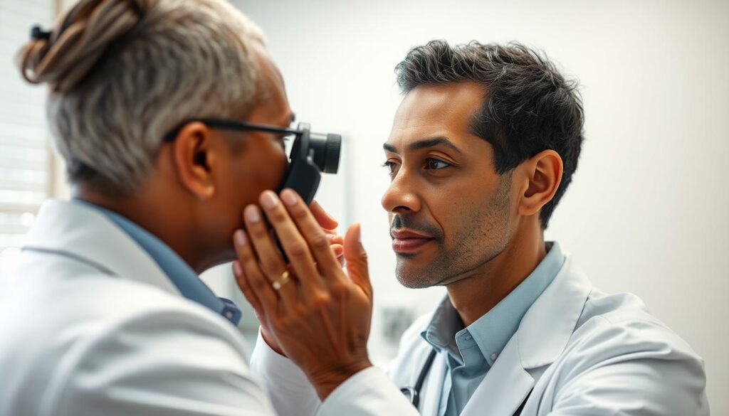 Image of a dermatologist examining a patient with dark spots on their skin