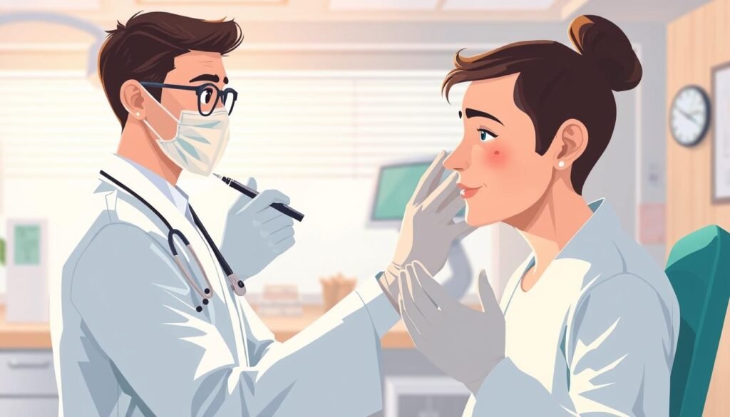 Image of a dermatologist examining a patient with dark spots on their skin