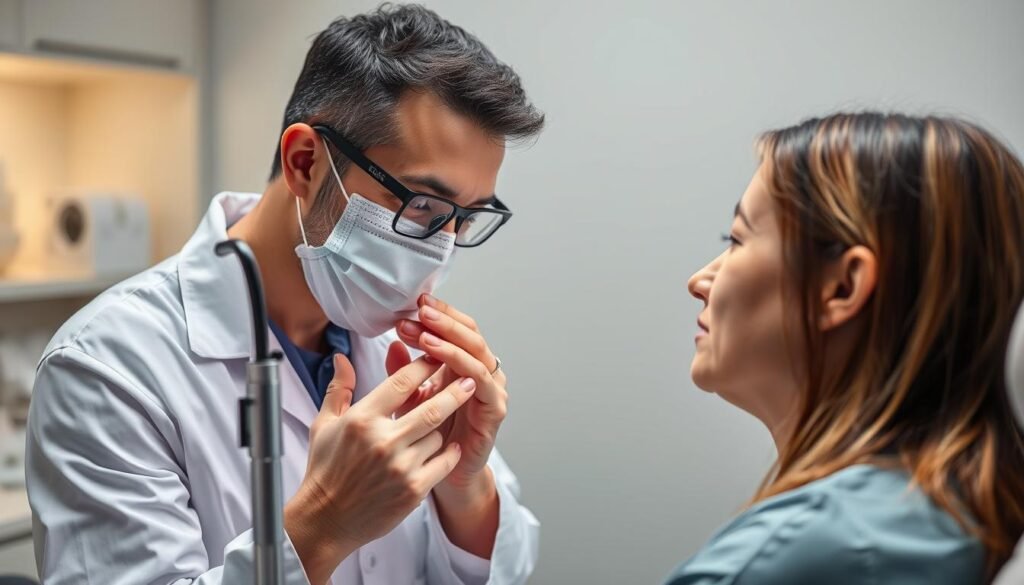 Image of a dermatologist examining a patient's skin Image of a dermatologist examining a patient's skin