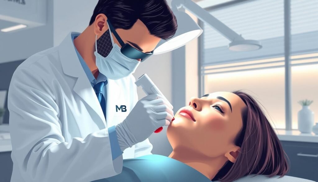 Image of a dermatologist performing RF microneedling on a patient