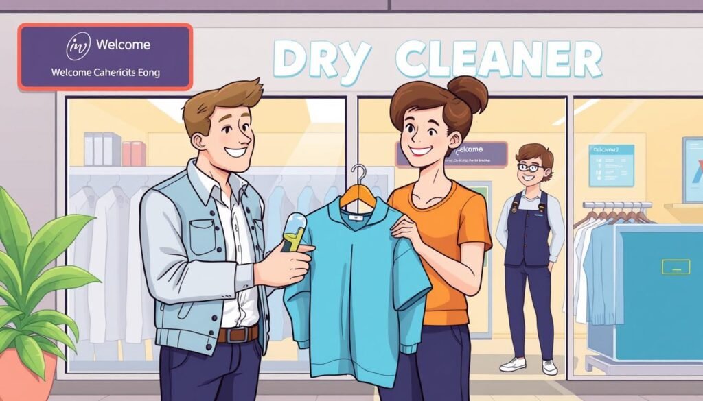 Image of a dry cleaner with a satisfied customer Image of a dry cleaner with a satisfied customer