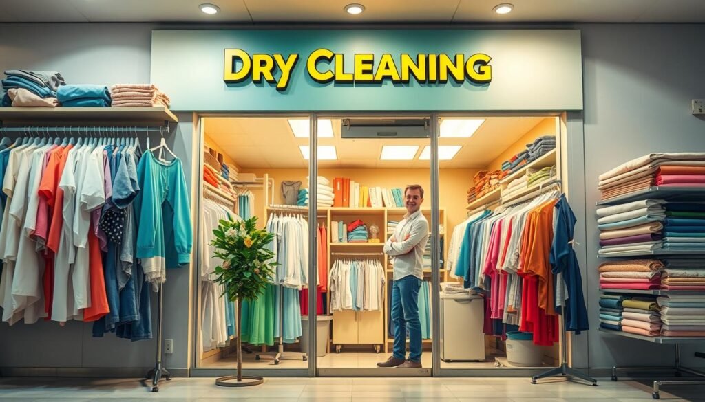 Image of a dry cleaning service provider with various garments and fabrics Image of a dry cleaning service provider with various garments and fabrics