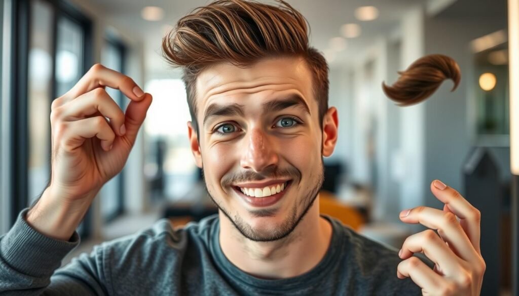 Image of a man trying different hair patches Image of a man trying different hair patches