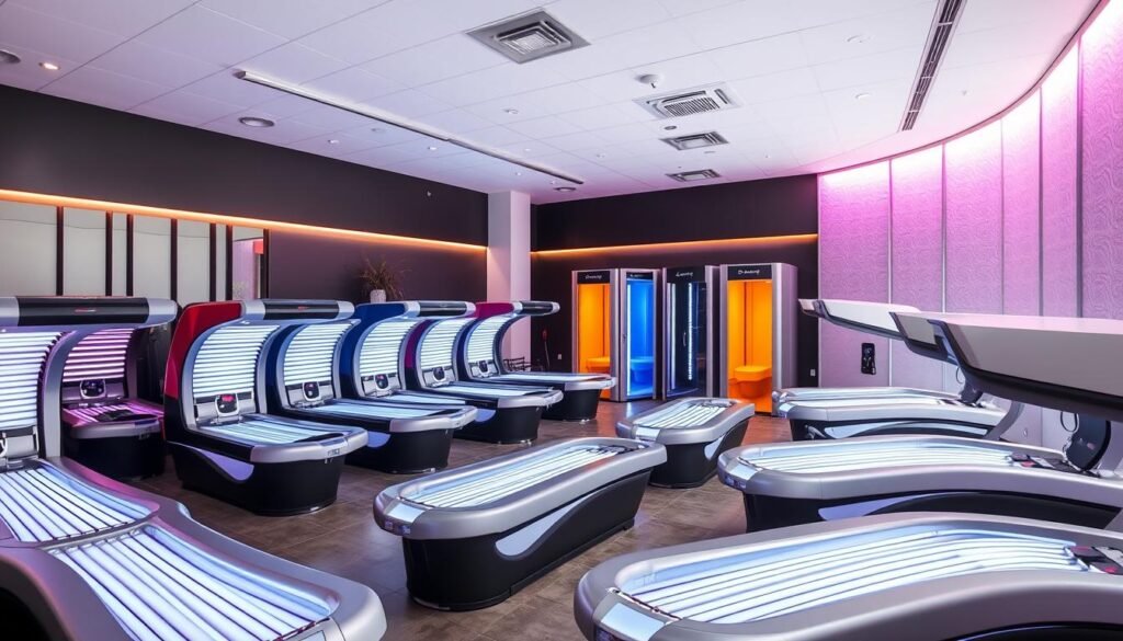 Image of a modern, clean tanning salon with various tanning beds and booths.