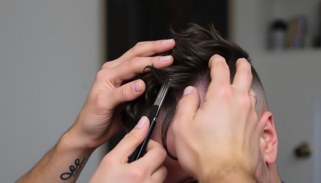 Image of a person cleaning and maintaining their hair patch Image of a person cleaning and maintaining their hair patch