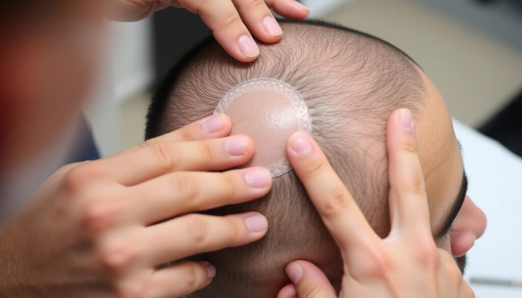 Image of a person installing a hair patch system on their head Image of a person installing a hair patch system on their head