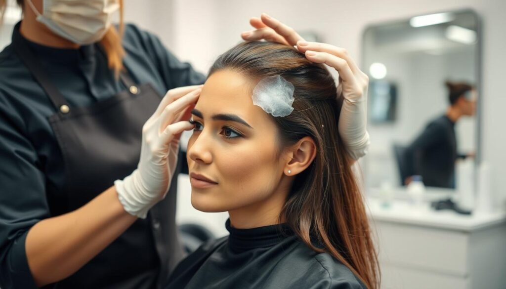 Image of a person receiving hair patch maintenance services Image of a person receiving hair patch maintenance services