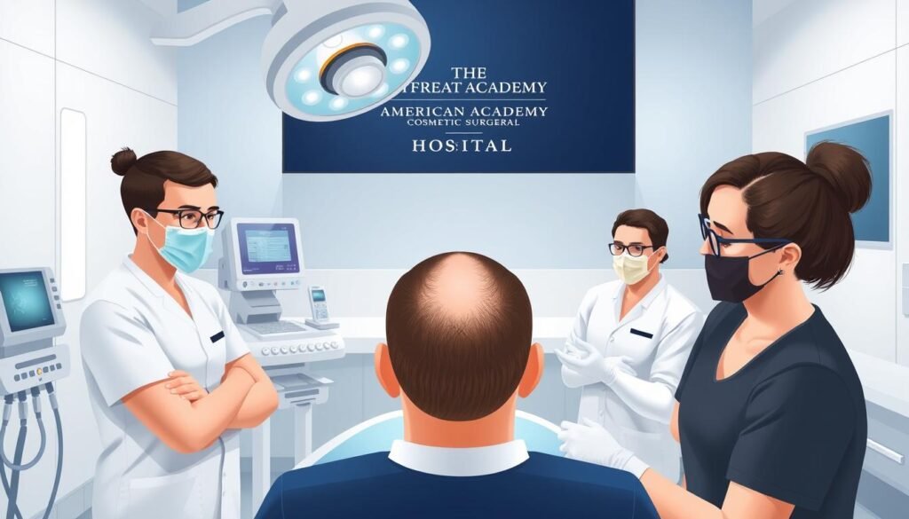 Image of a person undergoing FUE hair transplant procedure at the American Academy of Cosmetic Surgery Hospital Image of a person undergoing FUE hair transplant procedure at the American Academy of Cosmetic Surgery Hospital