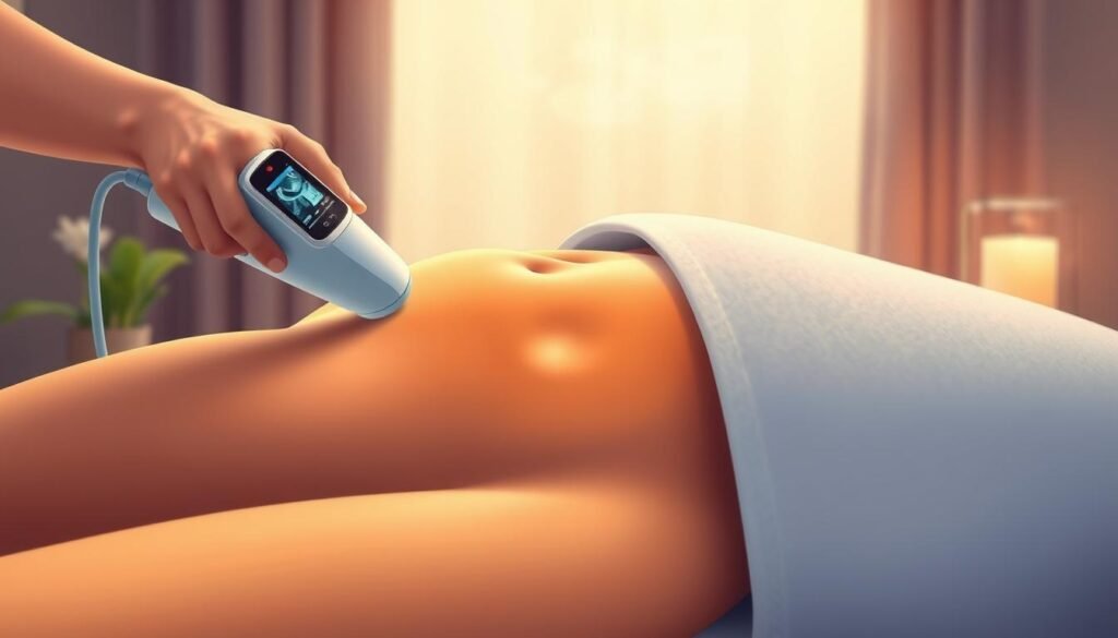 Image of a person undergoing ultrasound fat reduction therapy on their stomach area