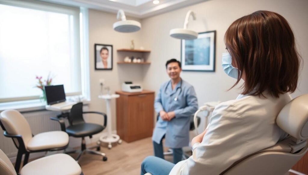 Image of a serene consultation room with a professional plastic surgeon