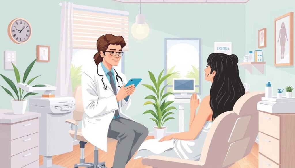 Image of a serene dermatology clinic with a professional dermatologist consulting a patient. Image of a serene dermatology clinic with a professional dermatologist consulting a patient.