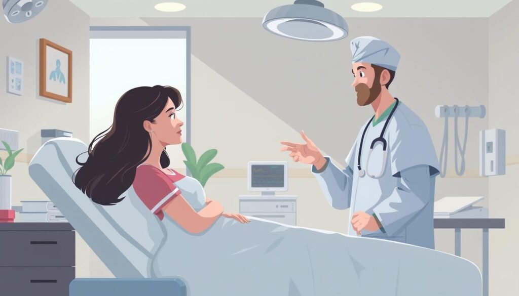 Image of a serene hospital room with a patient and a surgeon discussing a procedure Image of a serene hospital room with a patient and a surgeon discussing a procedure