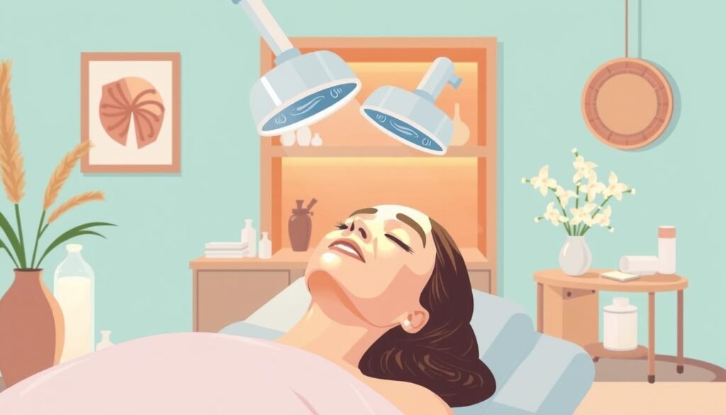 Image of a serene spa environment with a person receiving a facial laser treatment