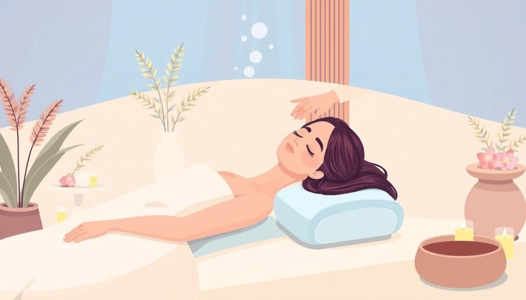 Image of a serene spa environment with a person receiving a scalp treatment