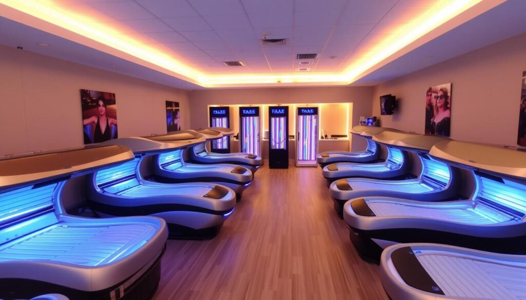 Image of a tanning salon with various tanning beds